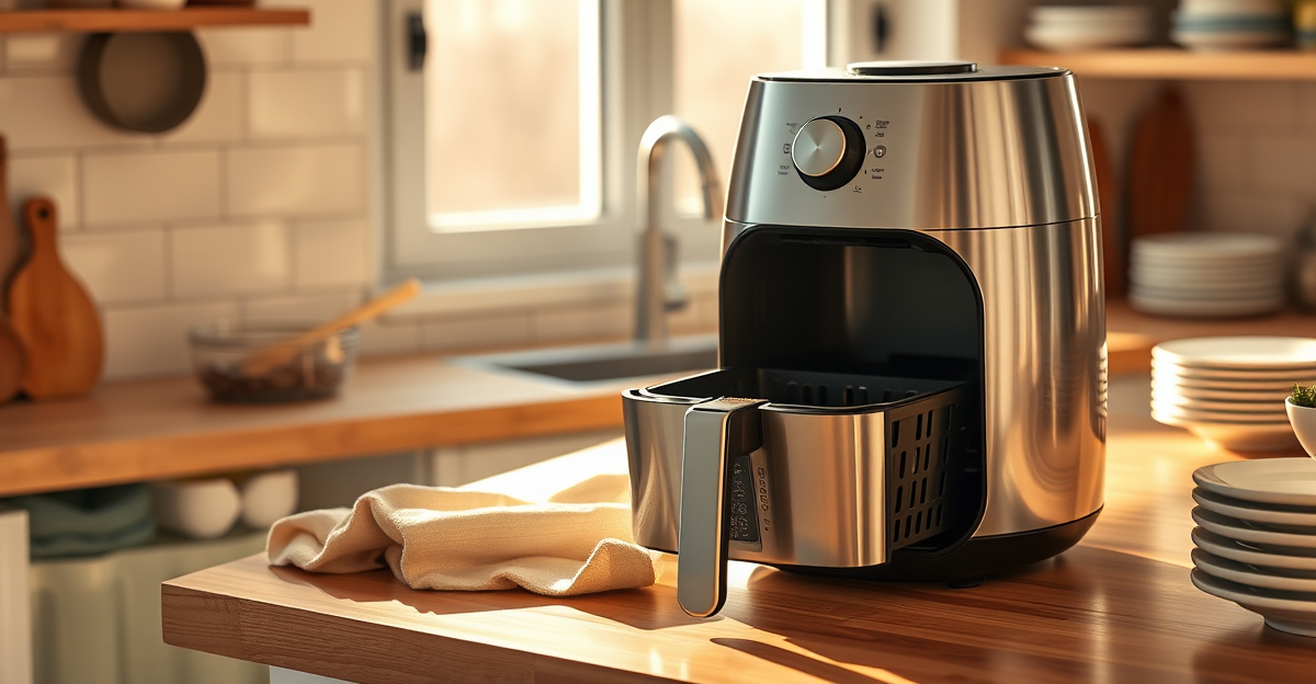 Air fryer on a warm kitchen counter with golden hour light