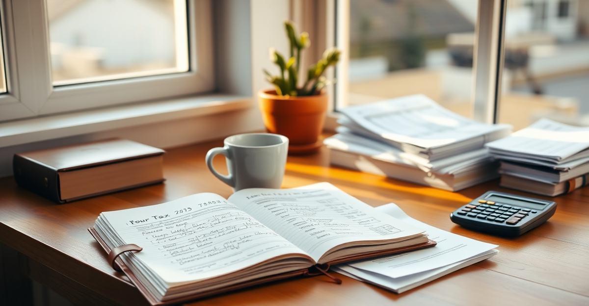 Home office desk with open notebook and tax filing paperwork