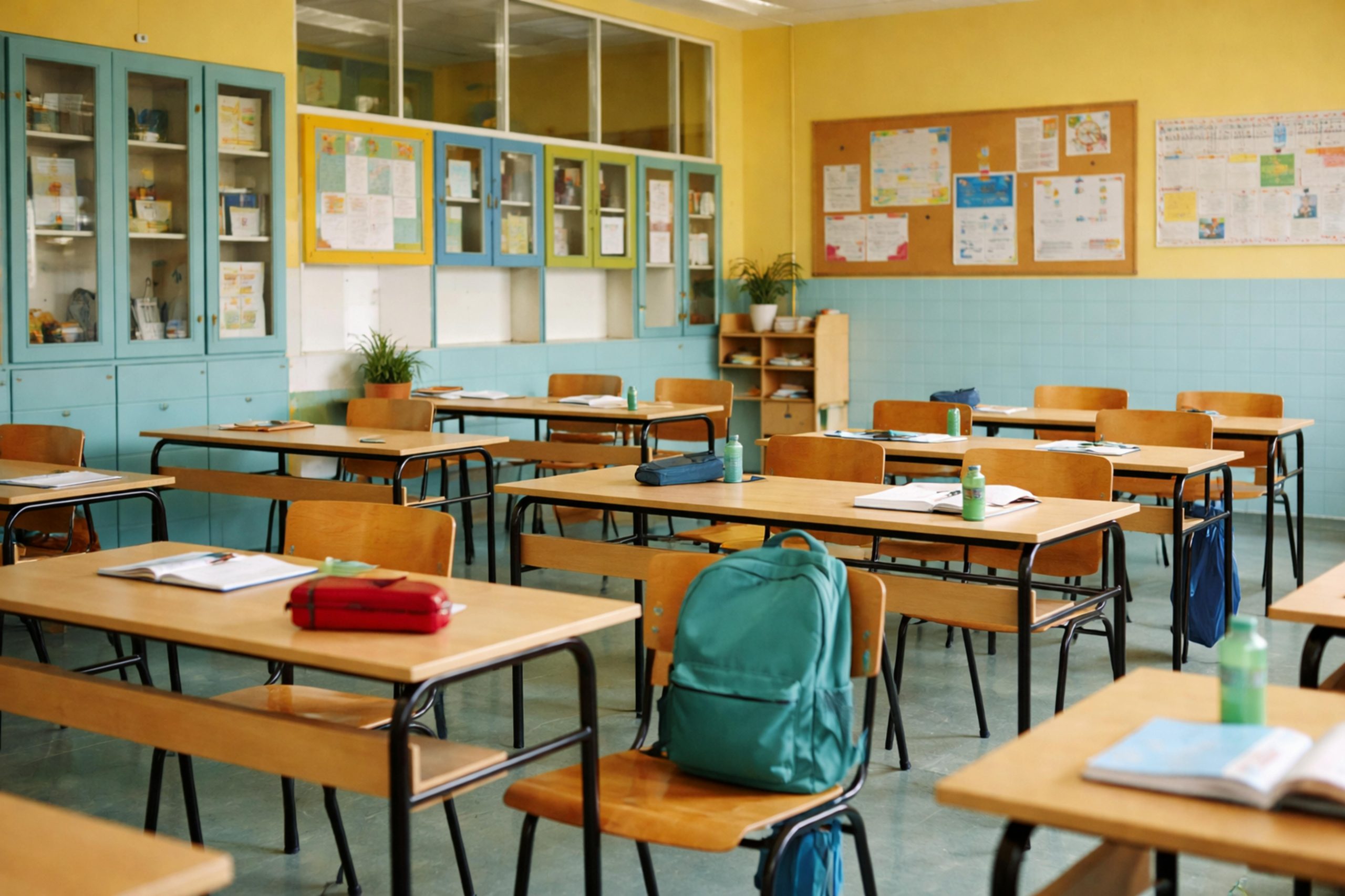An empty classroom with wooden desks, chairs, and backpacks. Bright, welcoming atmosphere — illustrating: School supplies that actually survive the teen years: what parents report after a full school year